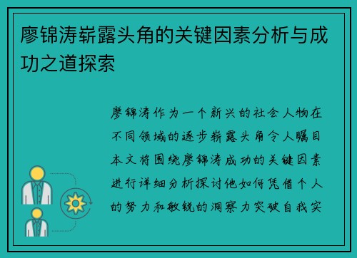廖锦涛崭露头角的关键因素分析与成功之道探索