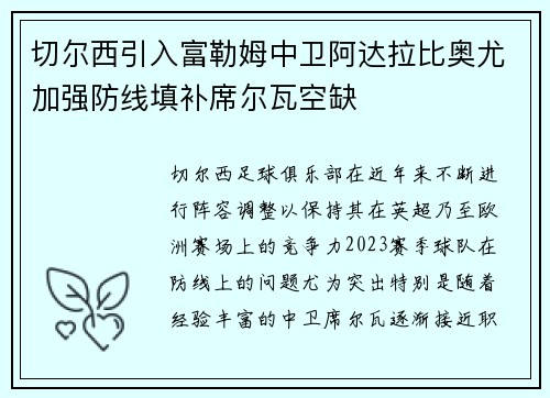 切尔西引入富勒姆中卫阿达拉比奥尤加强防线填补席尔瓦空缺