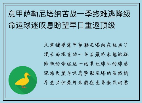 意甲萨勒尼塔纳苦战一季终难逃降级命运球迷叹息盼望早日重返顶级